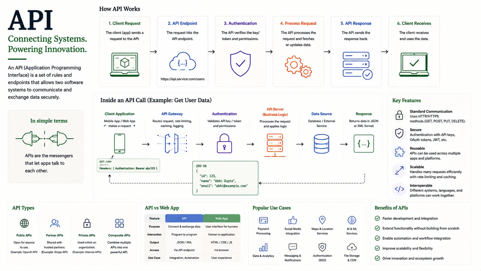 API — How software systems talk and exchange data.