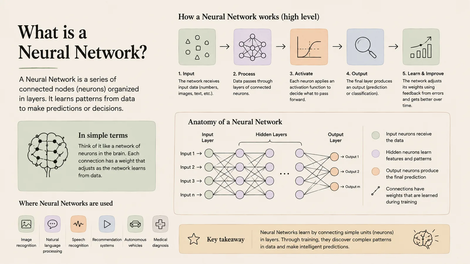 What is a Neural Network? — Layers of connected neurons that learn patterns.