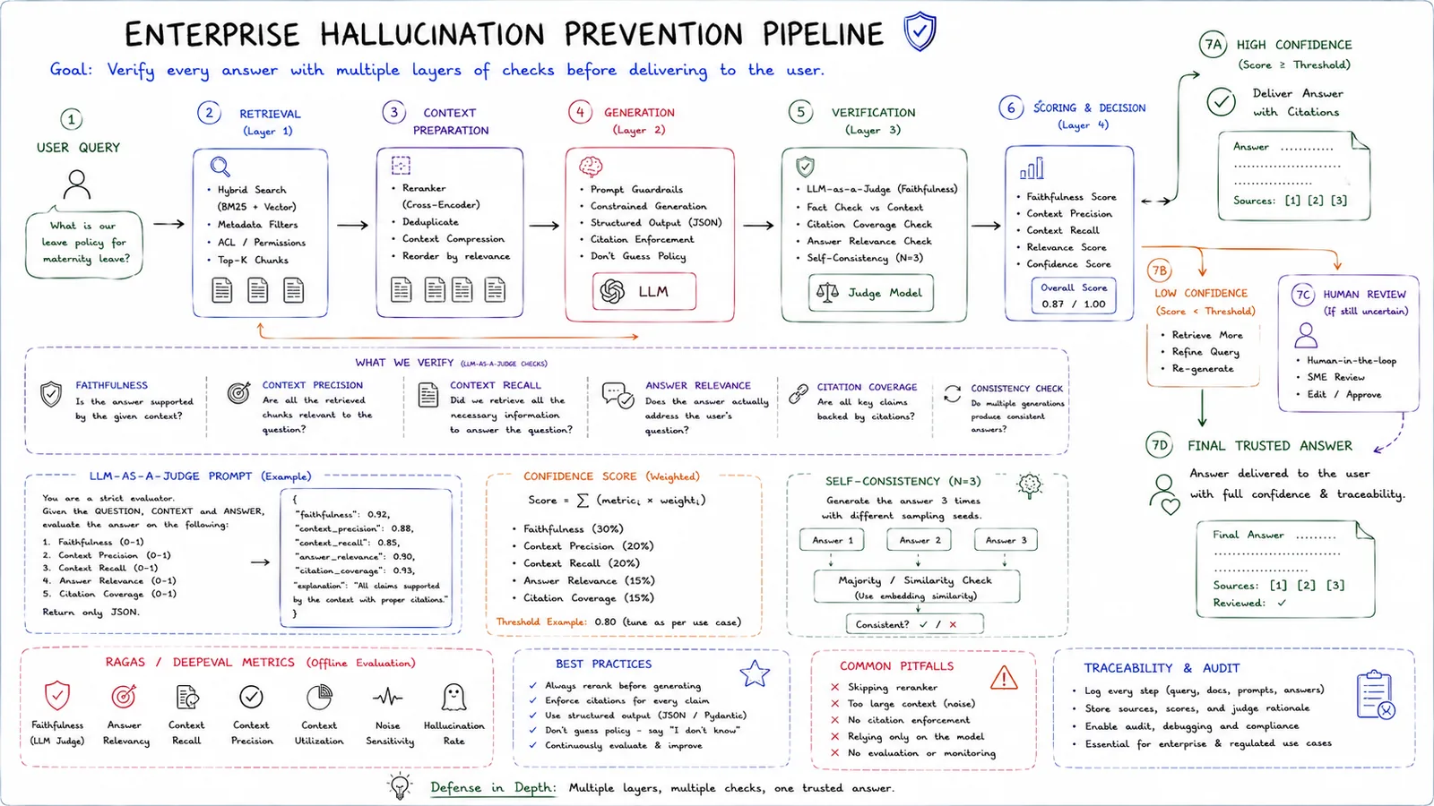 Enterprise Hallucination Prevention Pipeline — Verify every answer with layered checks.