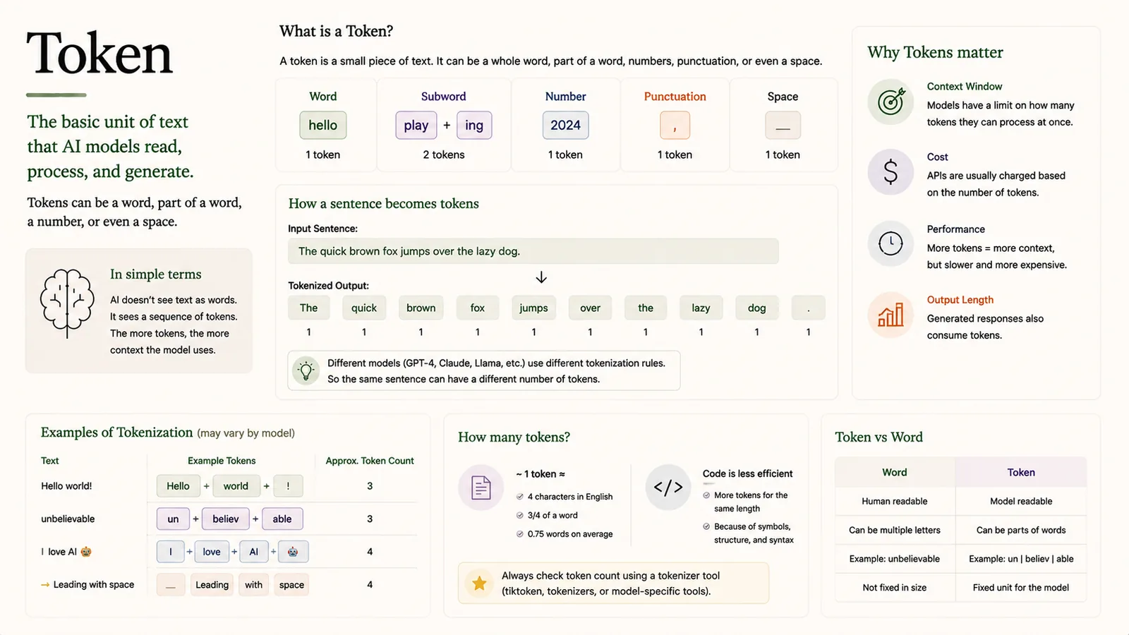Token — The basic unit of text AI models read and generate.