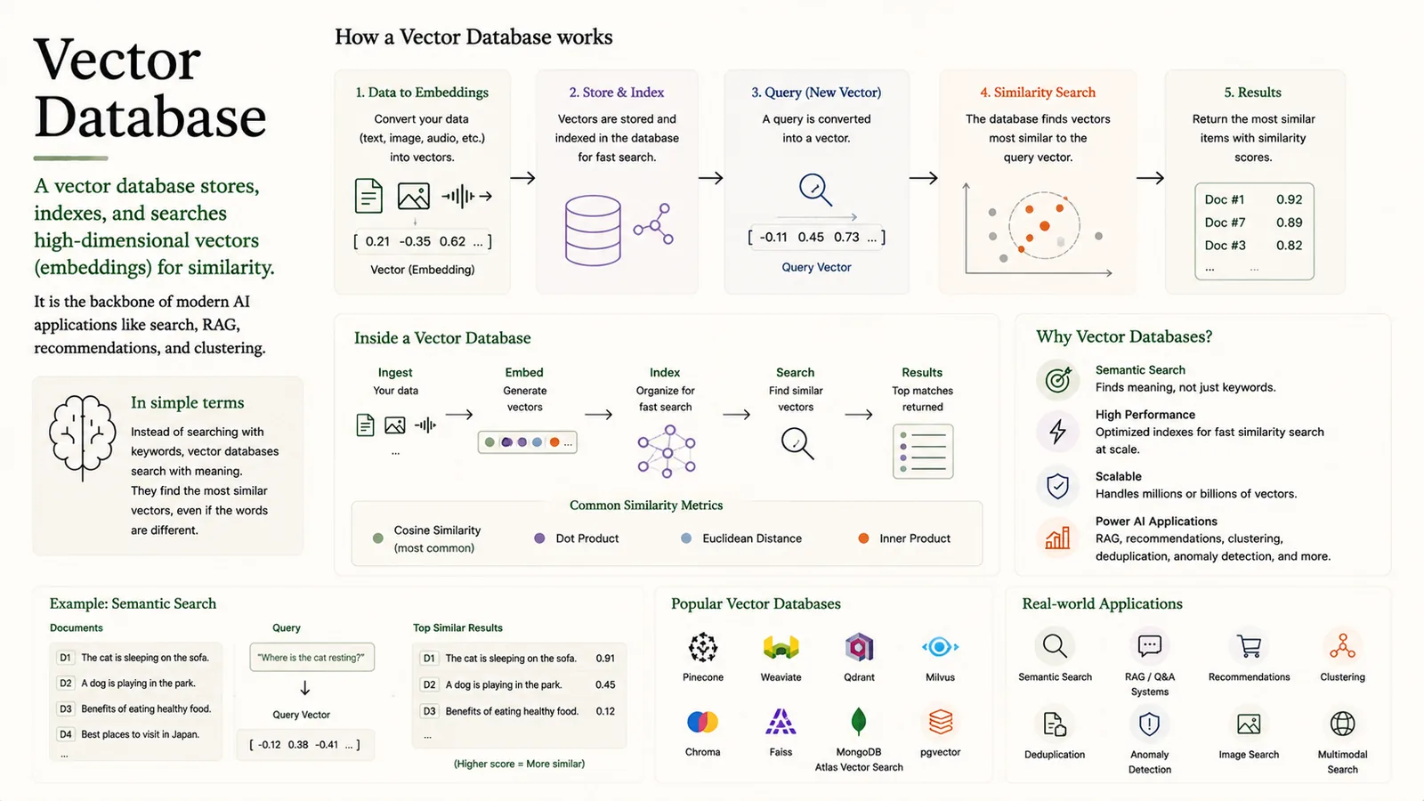 Vector Database — Stores and searches embeddings by similarity.
